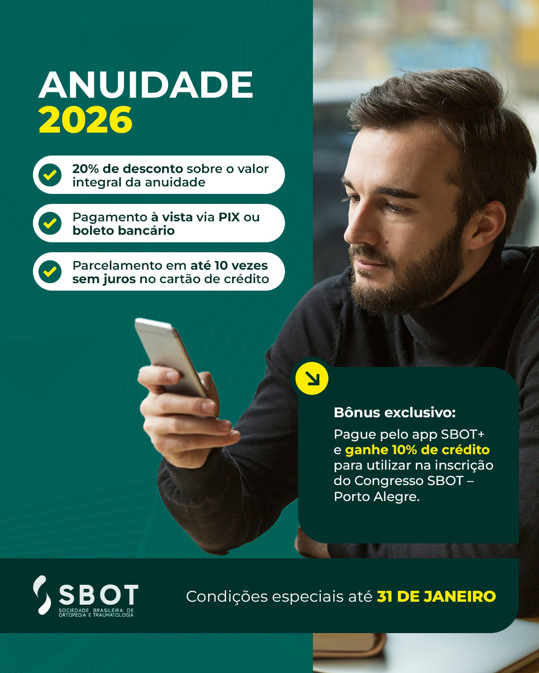 Membro SBOT tem 20% de desconto até o dia 31/01 para manter a sua anuidade em dia